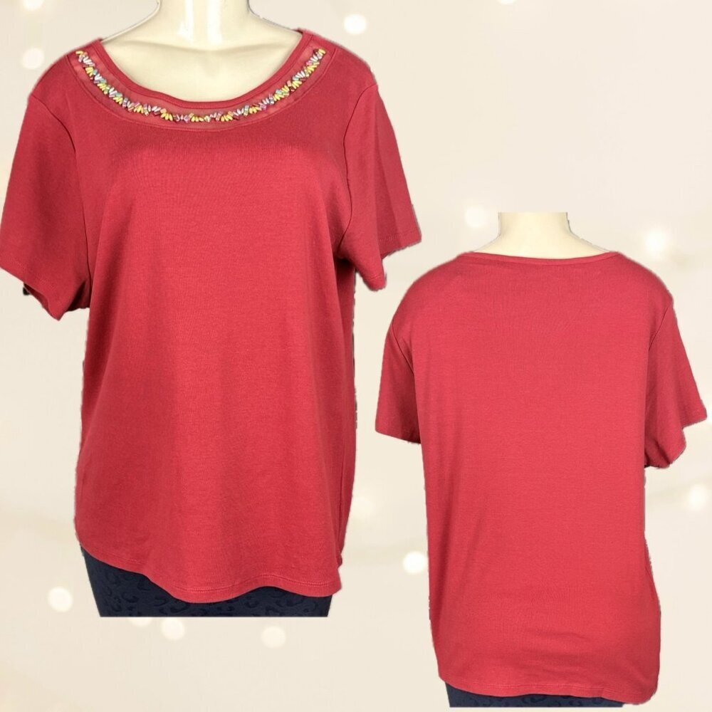 Rafaella +XXL Red Crew Neckline Mesh Multi-Color Beaded Cotton Short Sleeve Top